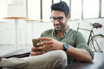 Image showing Phone, corporate or business man thinking of invest strategy, finance growth or financial networking. CEO, smile or manager in office building planning, data analysis or economy analytics review