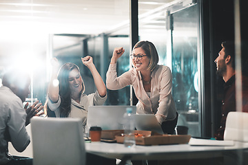 Image showing Success, data analysis or business people cheering for business meeting, invest strategy or planning finance. Collaboration, happy or teamwork on tax data analysis, growth or global financial network