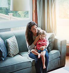 Image showing Relax, happy and smile with mother and baby on sofa for bonding, quality time and child development. Growth, support and trust with mom and daughter in family home for health, connection and care