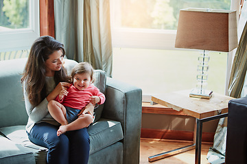 Image showing Relax, happy and smile with mother and baby on sofa for bonding, quality time and child development. Growth, support and trust with mom and daughter in family home for health, connection and care