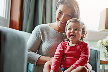 Image showing Relax, happy and smile with mother and baby on sofa for bonding, quality time and child development. Growth, support and trust with mom and daughter in family home for health, connection and care