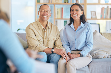 Image showing Couple, marriage therapy and relax on sofa together for counseling, psychologist conversation and mental health or trust. Consulting support, smile and happy man with woman at therapist listening