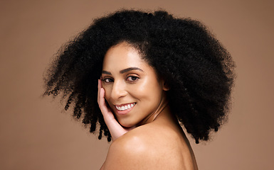 Image showing Portrait, beauty skincare and face of black woman in studio isolated on a brown background. Makeup, cosmetics and happy female model satisfied with spa facial treatment for healthy skin and wellness.