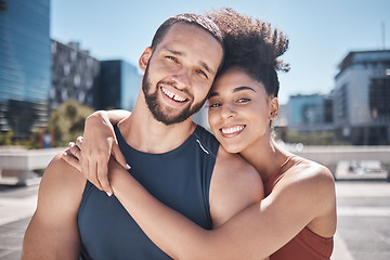 Image showing Fitness, portrait and couple hug in workout, training or exercise with support, love and motivation teamwork for wellness in city. Urban, sports and athlete friends smile for cardio or muscle goals