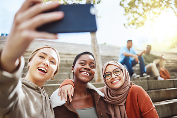 Image showing Students, diversity or phone selfie on college campus bleachers, university stairs of school steps for social media or profile picture. Smile, happy women or bonding on mobile photography technology