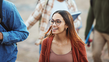 Image showing Happy woman, students and walking on university, college campus or school in morning class commute, study break or rest. Smile, people or bonding friends and education learning or scholarship goals