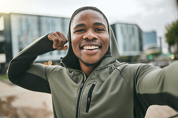 Image showing Fitness, selfie or happy black man with muscle smiles with pride after training, exercise or workout in city. Portrait, mindset or healthy sports athlete with body goals, strong motivation or mission