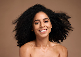 Image showing African woman, smile and portrait for skincare beauty wellness, happiness and facial glow or natural afro hair care in brown background studio. Black model, smile and luxury cosmetics dermatology