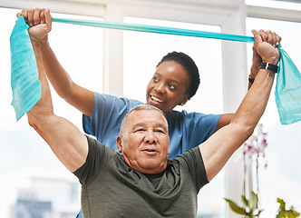 Image showing Physiotherapy help, stretching band and doctor with senior man in physical therapy, rehabilitation or healthcare support. Black woman chiropractor or physiotherapist consulting elderly patient