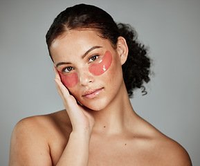 Image showing Eye mask skincare, woman beauty and portrait of a model with dermatology and wellness product for eyes. Facial, face cosmetics and healthy self care of a person with a collagen eye treatment for glow