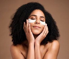 Image showing Beauty, skincare and eye mask with face of black woman for facial, product and spa treatment. Collagen, self care and luxury with girl model and eye patches for wellness, cosmetics and dermatology