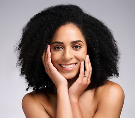 Image showing Beauty, skincare and smile with portrait of black woman for facial, self care and luxury cosmetics. Spa, hair care and makeup with face of girl model for treatment, natural and wellness in studio