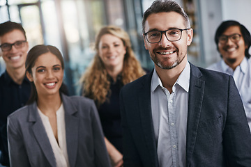 Image showing Business team, group portrait and happy people in a corporate office ready for collaboration. Teamwork, company strategy and smile with lens flare of employee leadership group with happiness