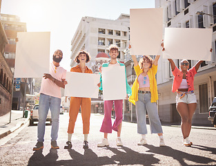 Image showing Mockup, diversity and young people protest, city and human rights for equality, social change and smile. Portrait, friends and march for support, solidarity and community with happiness and in street