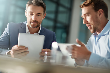 Image showing Teamwork, tablet and business people in office talking, brainstorming or discussion. Collaboration, technology and men or employees with touchscreen planning sales, marketing or advertising strategy.