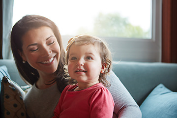 Image showing Relax, happy and smile with mother and baby on sofa for bonding, quality time and child development. Growth, support and trust with mom and daughter in family home for health, connection and care