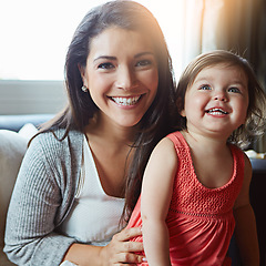 Image showing Mother, child and happy portrait together on sofa in living room for relax love bonding, fun and support care. Mom smile, excited little daughter and quality time happiness on couch in family home