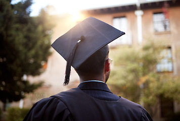 Image showing Black man, graduation and ideas at university building, school and college with employment opportunity goal. Thinking student, graduate and hope in graduation cap, ceremony and education event