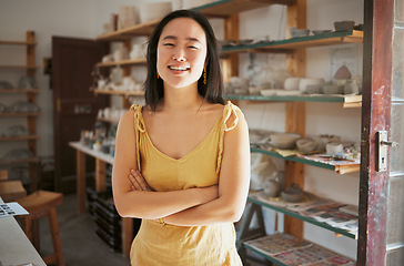Image showing Woman, portrait and smile in pottery workshop, creative studio and manufacturing startup in Tokyo. Happy small business owner, ceramic designer and artist working with sculpture, creativity and craft