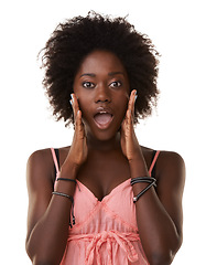 Image showing Wow face, black woman and portrait in studio, isolated white background and crazy announcement. Model surprise at gossip, secret news and emoji for wtf notification, curious announcement and shocked