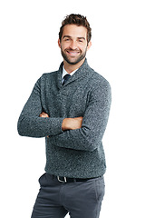 Image showing Business man, happy portrait and smile for motivation for leadership and corporate success in studio. Male model with arms crossed isolated on a white background with vision, pride and power