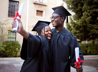 Image showing Black students, hug and celebration for graduation, education and achievement on university, campus and success. African American woman, man or academics with smile, embrace or joy for college degree