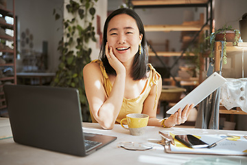 Image showing Happy, research and tablet with portrait of asian woman in startup for management, planning and strategy. Idea, vision and creative with small business owner for branding, agenda and web design