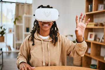 Image showing Virtual reality, vr metaverse and black woman touch cyber ui dashboard, augmented reality or future ai. Digital transformation, futuristic software study or creative student working with ar headset