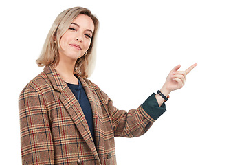 Image showing Portrait, brand and smiling woman pointing finger isolated against a studio white background. Happy, fashion and confident young female showing empty mock up space or direction to a promo