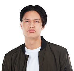 Image showing Sad, upset and portrait of an Asian man in studio with an upset, depressed and fear face expression. Frustrated, depression and male model from Asia with unhappy emotion isolated by white background.