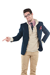 Image showing Man, portrait and nerd pointing with happiness and smile in isolated white background. Happy, geek and young person with casual business style smiling with hand point in a studio feeling positive