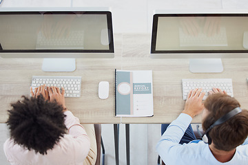 Image showing Telemarketing, contact us or employees in a call center consulting, talking or speaking of financial loan services. Computer screen, top view or sales people networking at customer support help desk