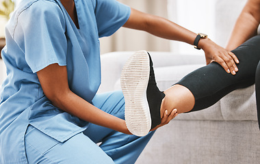 Image showing Leg, physiotherapy and rehabilitation with a nurse and patient recovering from knee pain or injury. Disability, rehab and recovery with a healthcare professional examing the joint of a female at home