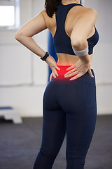 Image showing Back pain, red and woman for fitness massage at gym in a running, exercise or workout injury with anatomy, wellness and medical risk. Healthcare, cardio and training pain of woman with sports burnout