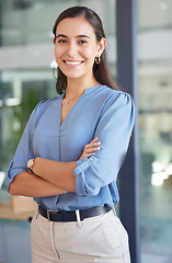 Image showing Pride, happy and woman lawyer portrait in office with optimistic smile for professional legal career. Confident expert and attorney employee at corporate workplace smiling with positive mindset.