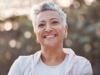 Image showing Nature, smile and happy senior woman outdoor for freedom, happiness and a healthy lifestyle with fitness and fresh air. Portrait of black female at park for peace, health and wellness in summer