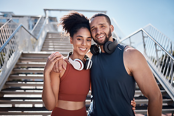 Image showing Happy, fitness and portrait of a couple in the city, training support and workout smile in Spain. Cardio love, happiness and athlete man and woman with affection during running outdoor exercise