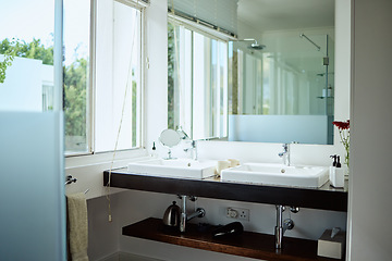 Image showing Mirror, bathroom and toilet interior in home, house and luxury hotel for beauty, skincare and cleaning. Reflection in restroom, design and building architecture, background and empty apartment space