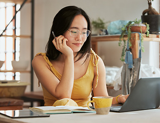 Image showing Startup, Asian or business woman with laptop thinking, networking or blog content search. Happy, smile or girl with tech for social media, online communication planning or website SEO data review