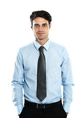 Image showing Portrait, leader and businessman in studio with vision for future while standing on white background. Face, handsome and young entrepreneur motivated by startup goal, idea and career while isolated