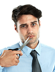 Image showing Portrait, scissors and thread on the lips of a man in studio isolated on a white background cutting for freedom of speech. Communication, silent and sealed with a handsome young male on blank space