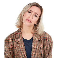 Image showing Portrait, sad or white background and a woman isolated in studio with an unhappy or negative expression. Face, sadness and depression with an unhappy young female posing on blank branding space