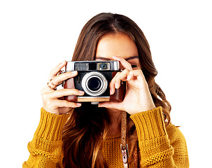 Image showing Photography woman, holding camera and studio for creativity, photoshoot or blog content by white background. Isolated photographer, creative and retro tech for photo, picture or art for artist career