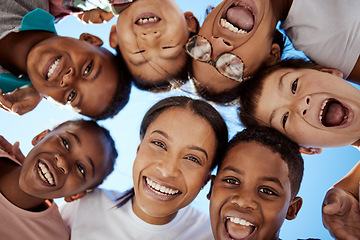 Image showing Woman, children and circle of face with blue sky for community, trust and support outdoors together. Family, adoption and portrait of mother with interracial kids with smile, relaxing and happiness