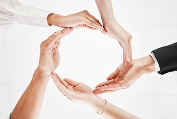 Image showing Teamwork, circle and synergy hands isolated in collaboration, workflow and group in team building below. Integration, formation and support, cooperation or community hand sign on a white background