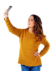 Image showing Young woman, selfie and smartphone for happiness, confidence and female person isolated on white studio background. Girl, lady and cellphone for pictures, share on social media and digital connection