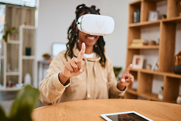 Image showing Virtual reality, vr metaverse and black woman pointing at cyber dashboard, augmented reality or future ai. Digital transformation, futuristic software study and creative student working with headset