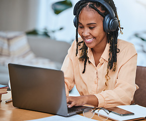 Image showing Black woman, laptop and happy with music typing online, email communication or planning strategy in home office. African girl, corporate happiness and working on tech device for web design management