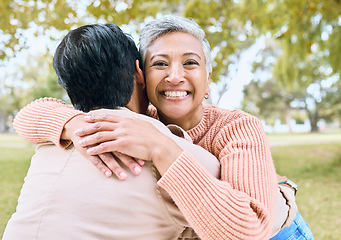 Image showing Senior women, retirement or portrait hug in nature park, grass garden and relax environment for support, love or trust. Smile, happy or couple of friends in embrace, bonding or birthday celebration