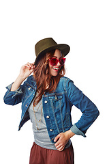 Image showing Fashion, style and woman in a studio with a casual, stylish and funky outfit with accessories. Happiness, smile and female model with hat, sunglasses and edgy clothes isolated by a white background.